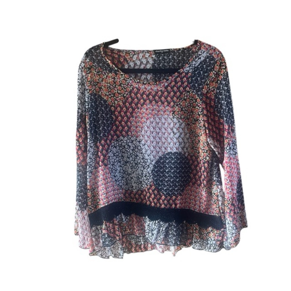 Cha Cha Vente‎ Mixed Print Sheer Bell Sleeve Top
